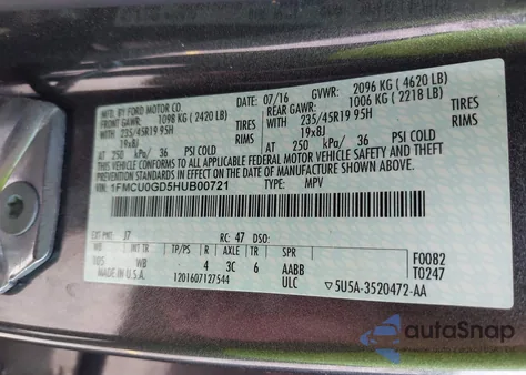 2017 Ford Escape Se из США, поврежденный, VIN 1FMCU0GD5HUB00721